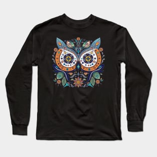 Mexican Style Owl Face Leaves Flowers Long Sleeve T-Shirt